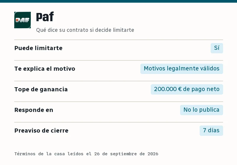 Resumen de lo que dice el contrato de Paf sobre limitar cuentas: límite, motivo, tope de ganancia, plazo y preaviso