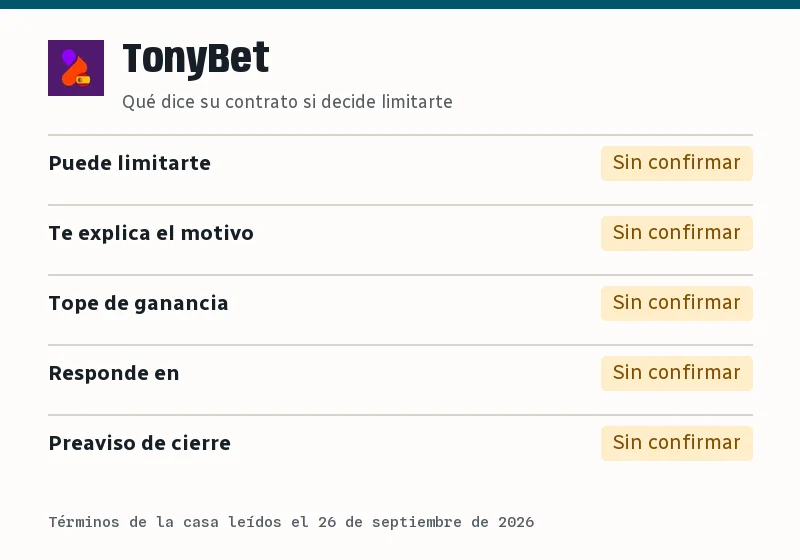 Resumen de lo que dice el contrato de TonyBet sobre limitar cuentas: límite, motivo, tope de ganancia, plazo y preaviso